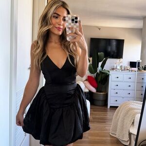 Black Silk V neck balloon mini dress